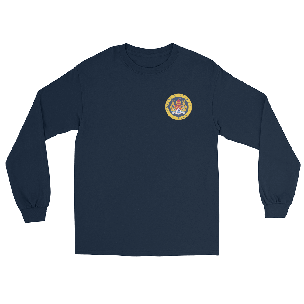 USS America (CV-66) 1976 Long Sleeve Cruise Shirt – front view, navy