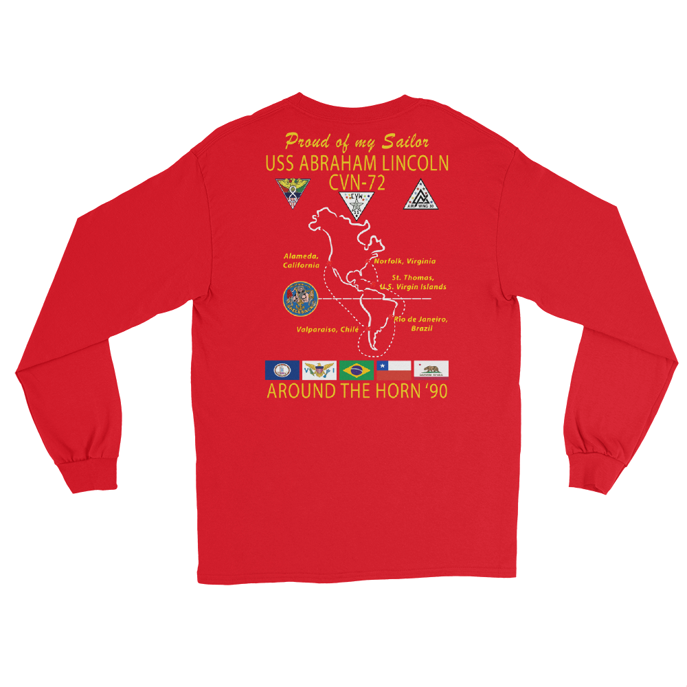 USS Abraham Lincoln (CVN-72) 1990 Long Sleeve Cruise Shirt - FAMILY – back view, red