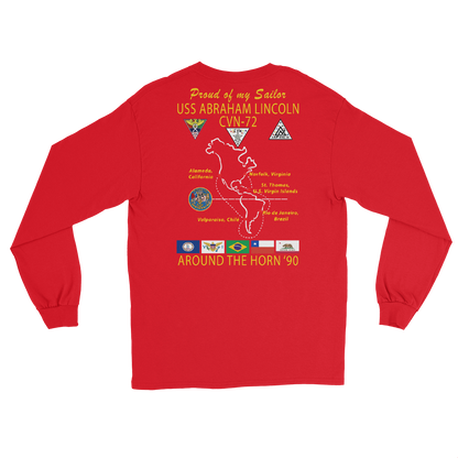USS Abraham Lincoln (CVN-72) 1990 Long Sleeve Cruise Shirt - FAMILY – back view, red