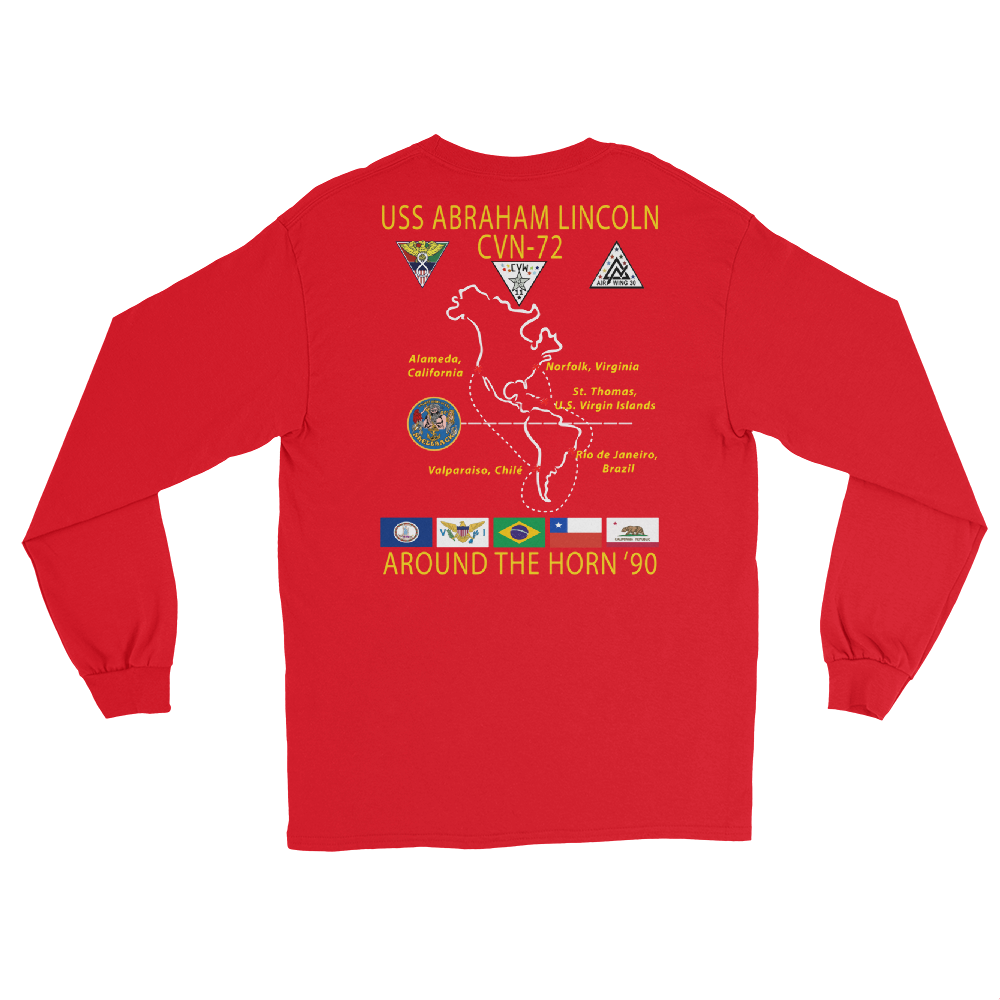 USS Abraham Lincoln (CVN-72) 1990 Around The Horn Long Sleeve Cruise Shirt – back view, red