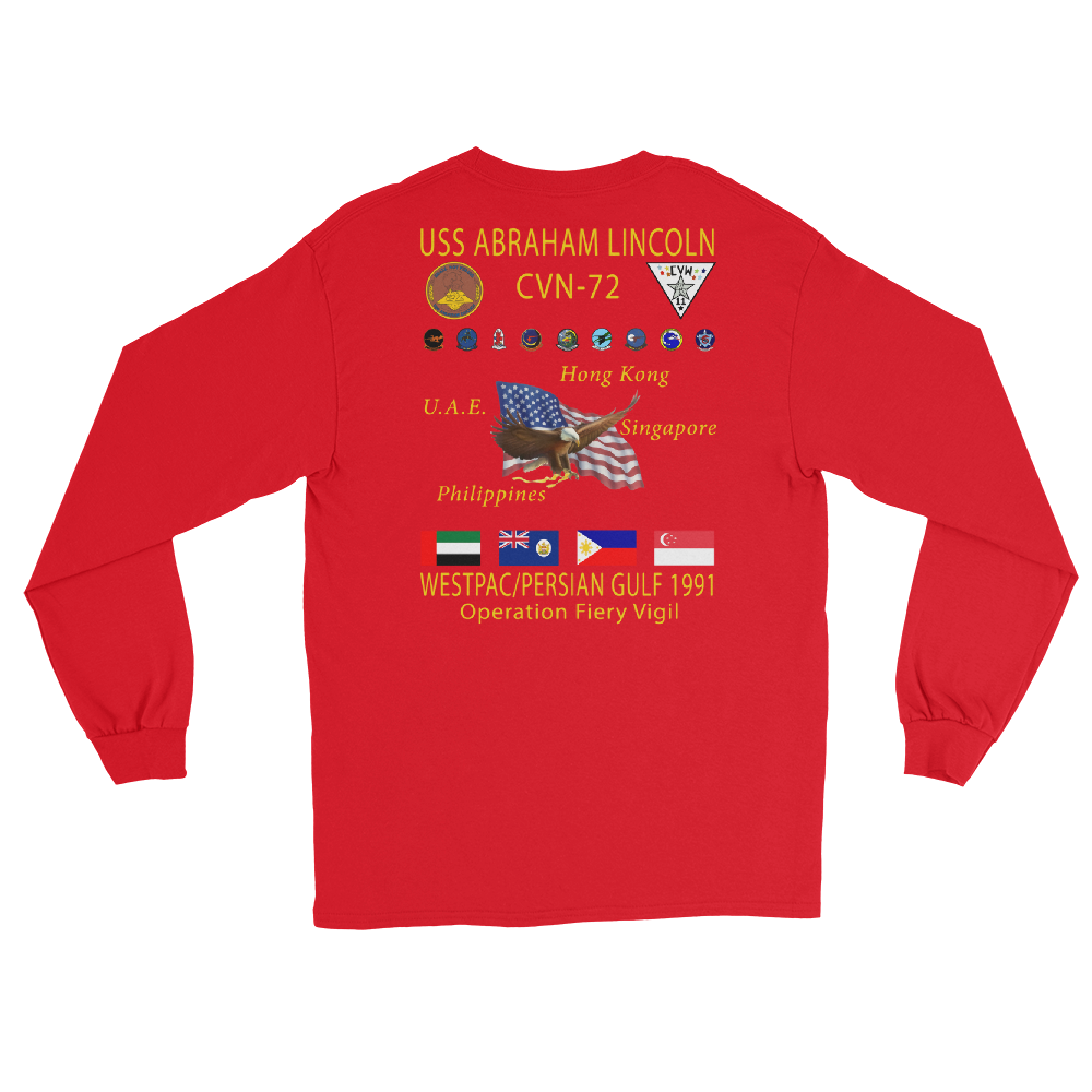 USS Abraham Lincoln (CVN-72) 1991 Long Sleeve Cruise Shirt – back view, red