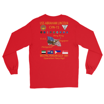 USS Abraham Lincoln (CVN-72) 1991 Long Sleeve Cruise Shirt – back view, red