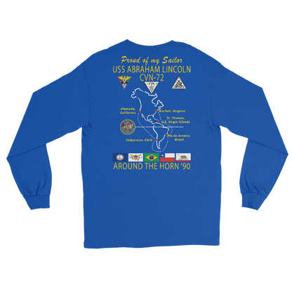 USS Abraham Lincoln (CVN-72) 1990 Long Sleeve Cruise Shirt - FAMILY – back view, royal