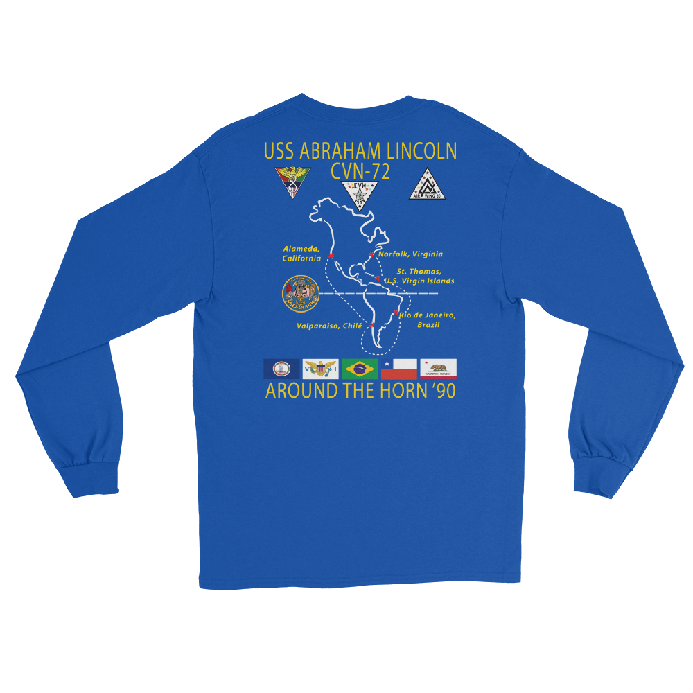 USS Abraham Lincoln (CVN-72) 1990 Around The Horn Long Sleeve Cruise Shirt – back view, royal