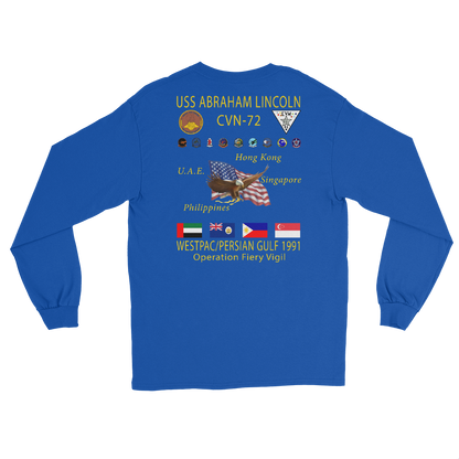 USS Abraham Lincoln (CVN-72) 1991 Long Sleeve Cruise Shirt – back view, royal