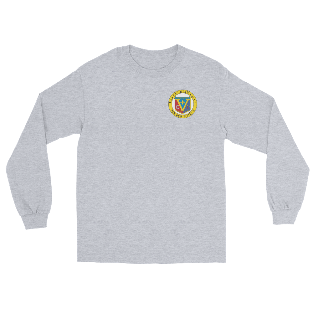 USS Peleliu (LHA-5) Ship's Crest Long Sleeve Shirt – front view, grey