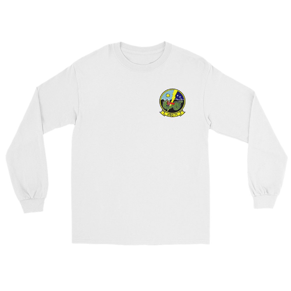 HSC-11 Dragonslayers Squadron Crest Long Sleeve T-Shirt – front view, white