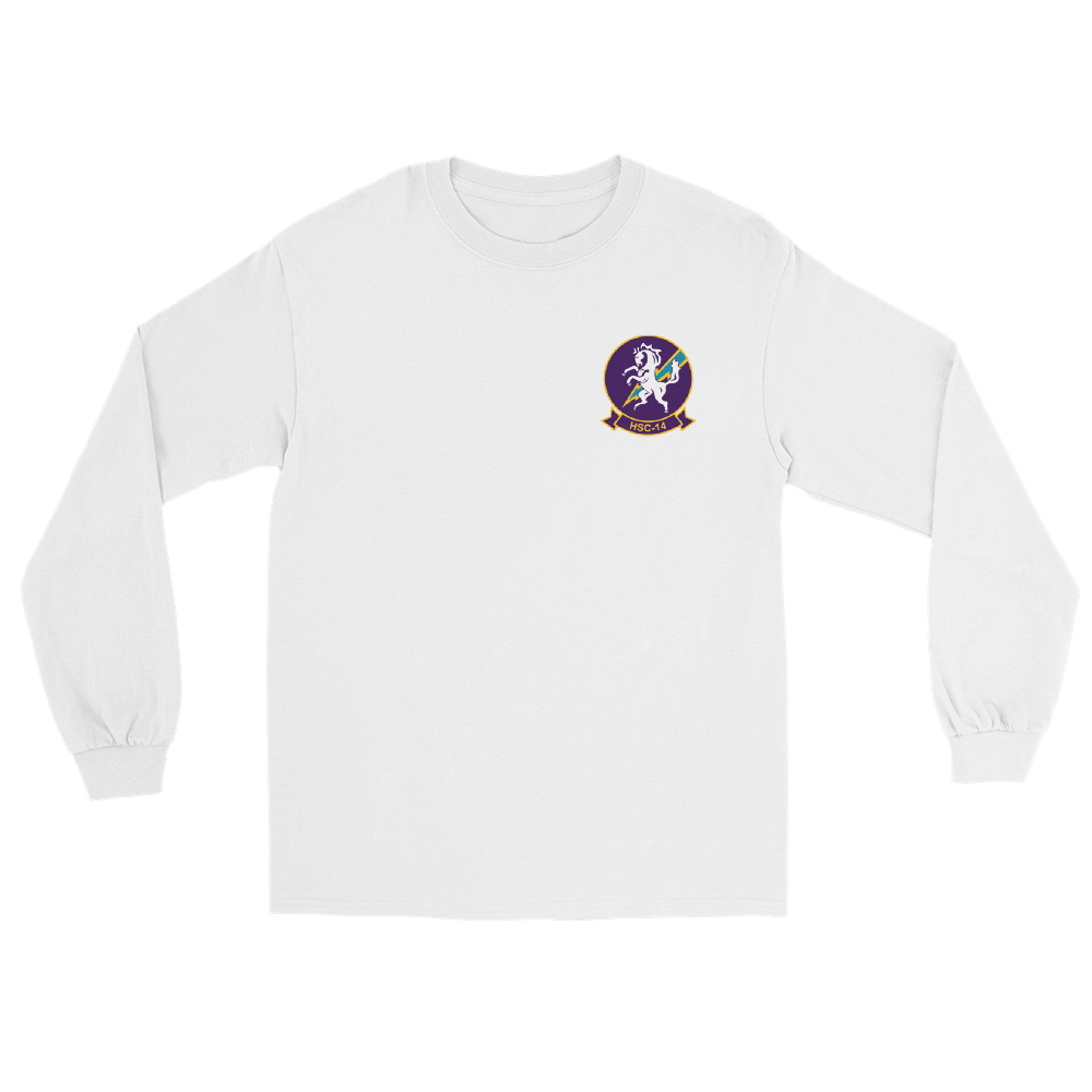 HSC-14 Chargers Squadron Crest Long Sleeve T-Shirt – front view, white