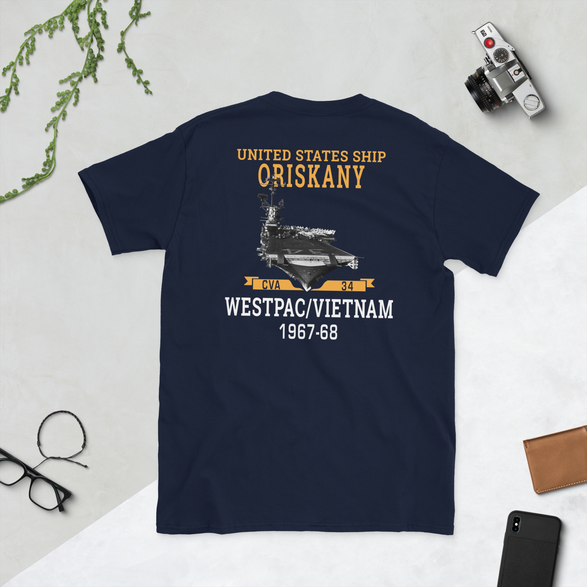 USS Oriskany (CVA-34) 1967-68 WESTPAC/VIETNAM Short-Sleeve Unisex T-Shirt – back view, navy