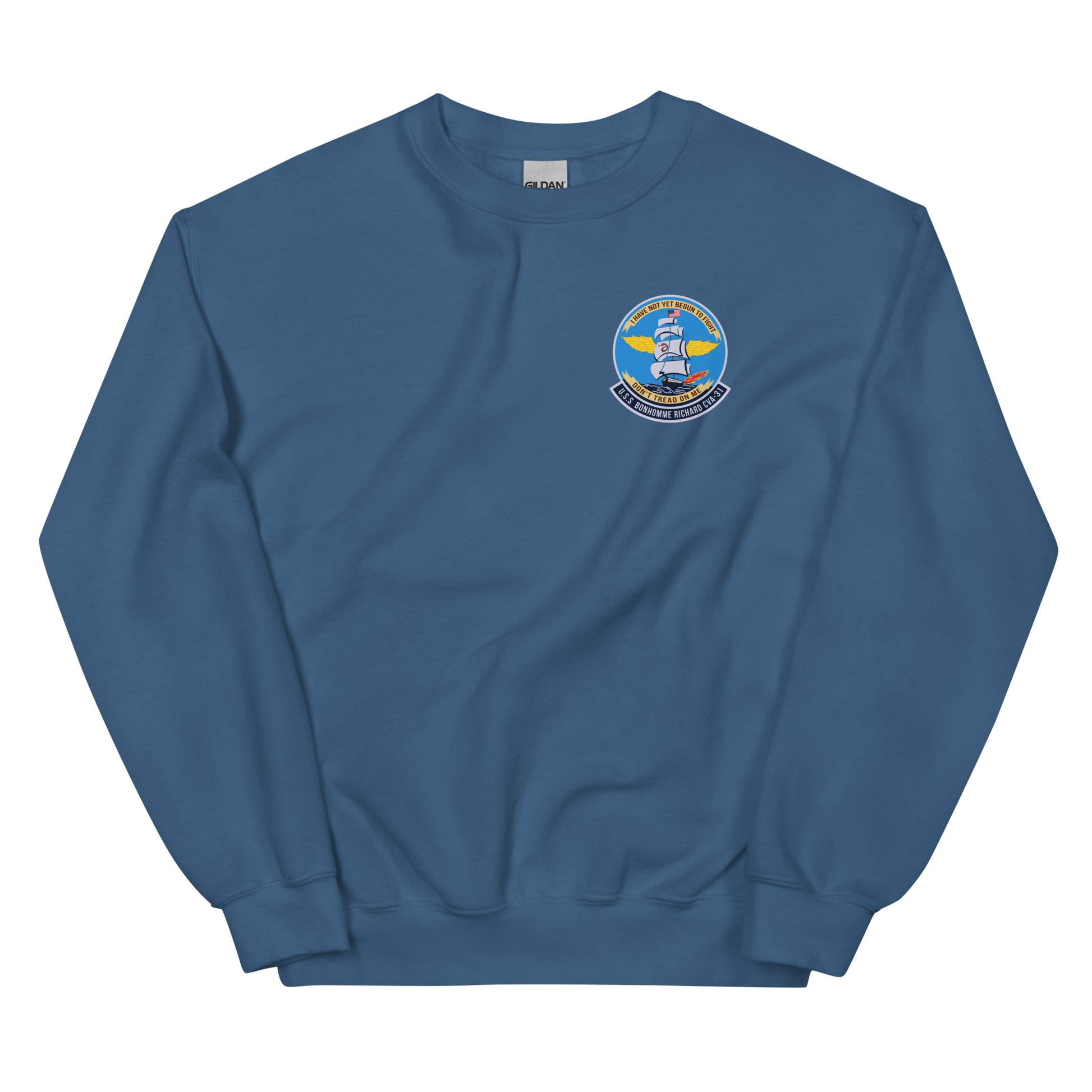 USS Bonhomme Richard (CVA-31) Ship's Crest Sweatshirt – front view, indigo