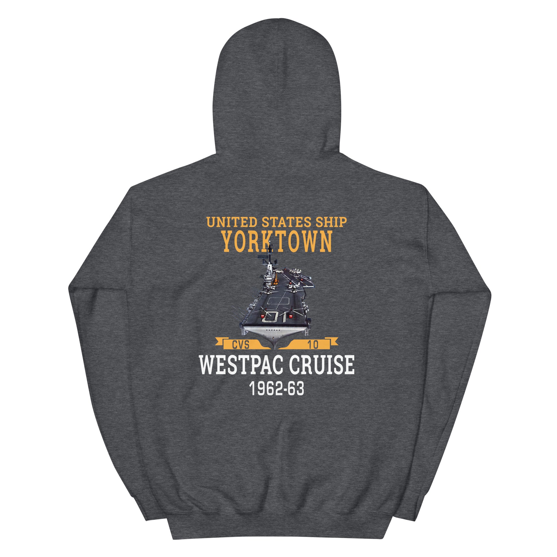USS Yorktown (CVS-10) 1962-63 WESTPAC Unisex Hoodie – back view, heather
