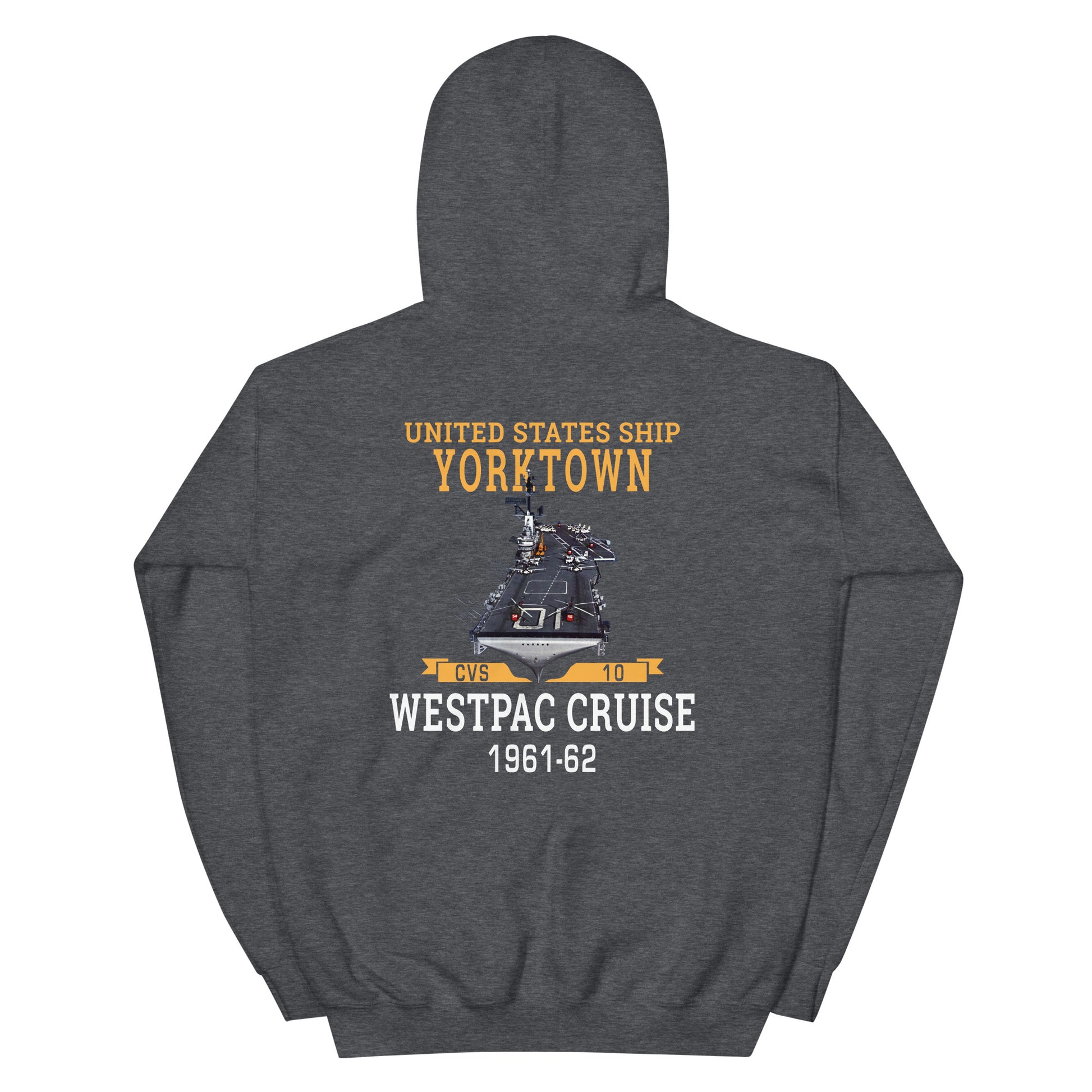 USS Yorktown (CVS-10) 1961-62 WESTPAC Unisex Hoodie – back view, heather