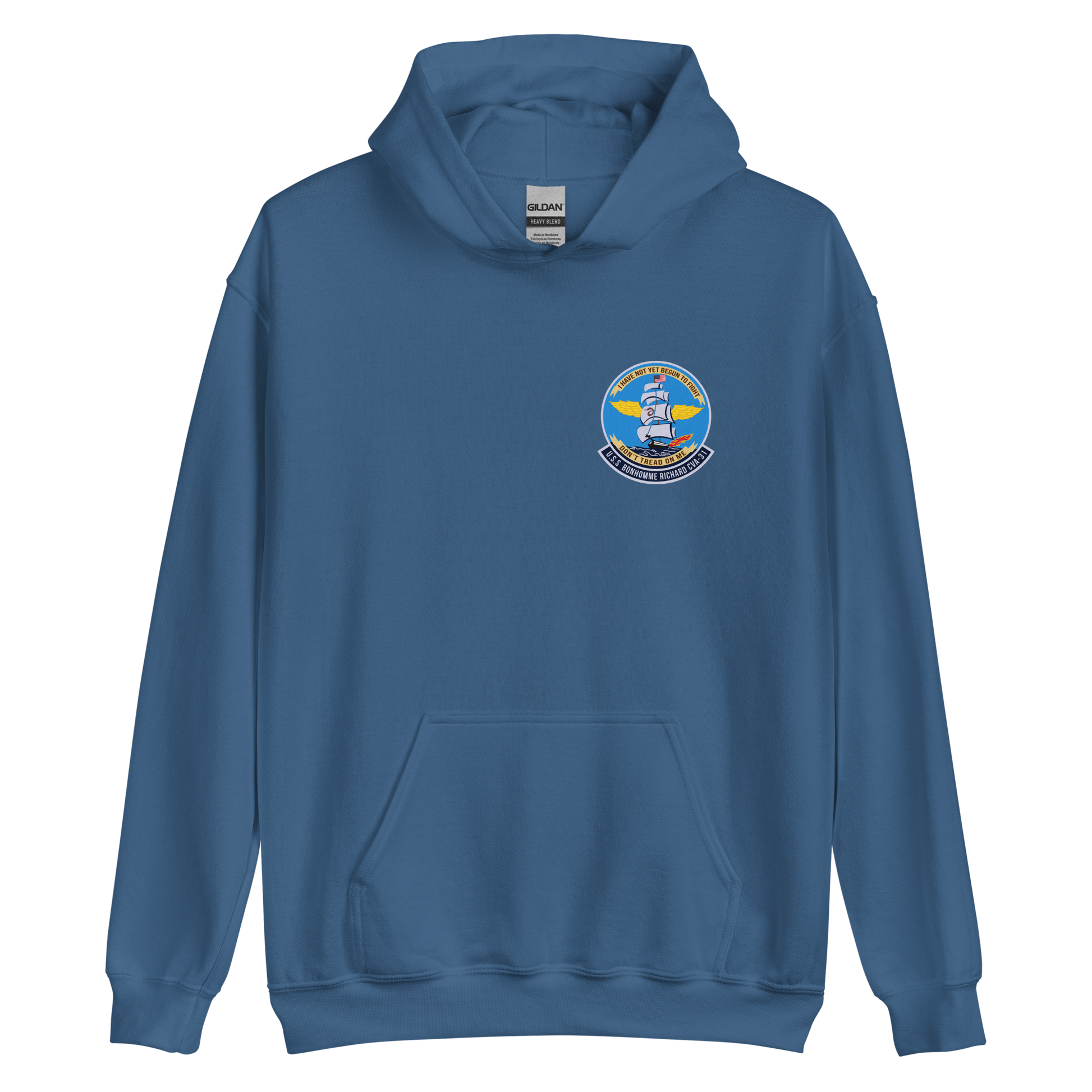 USS Bonhomme Richard (CVA-31) Ship's Crest Hoodie – front view, indigo