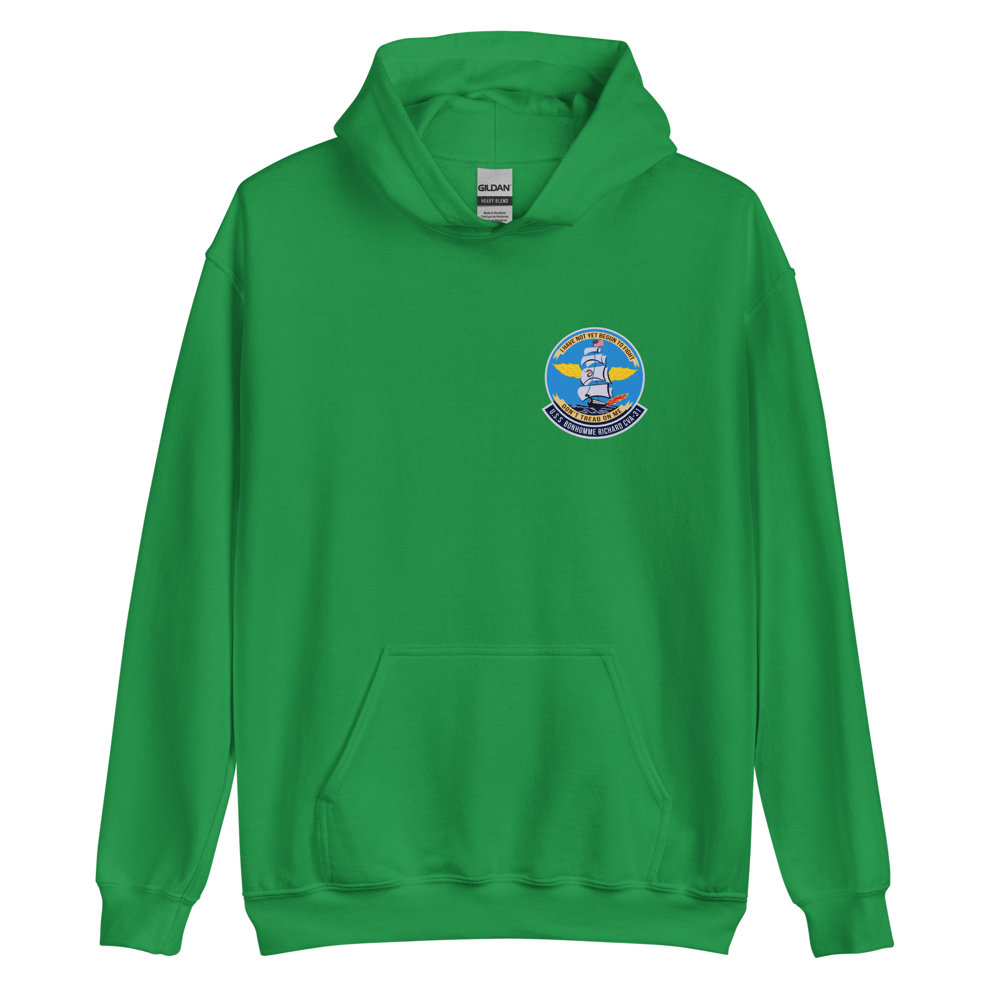 USS Bonhomme Richard (CVA-31) Ship's Crest Hoodie – front view, irish green