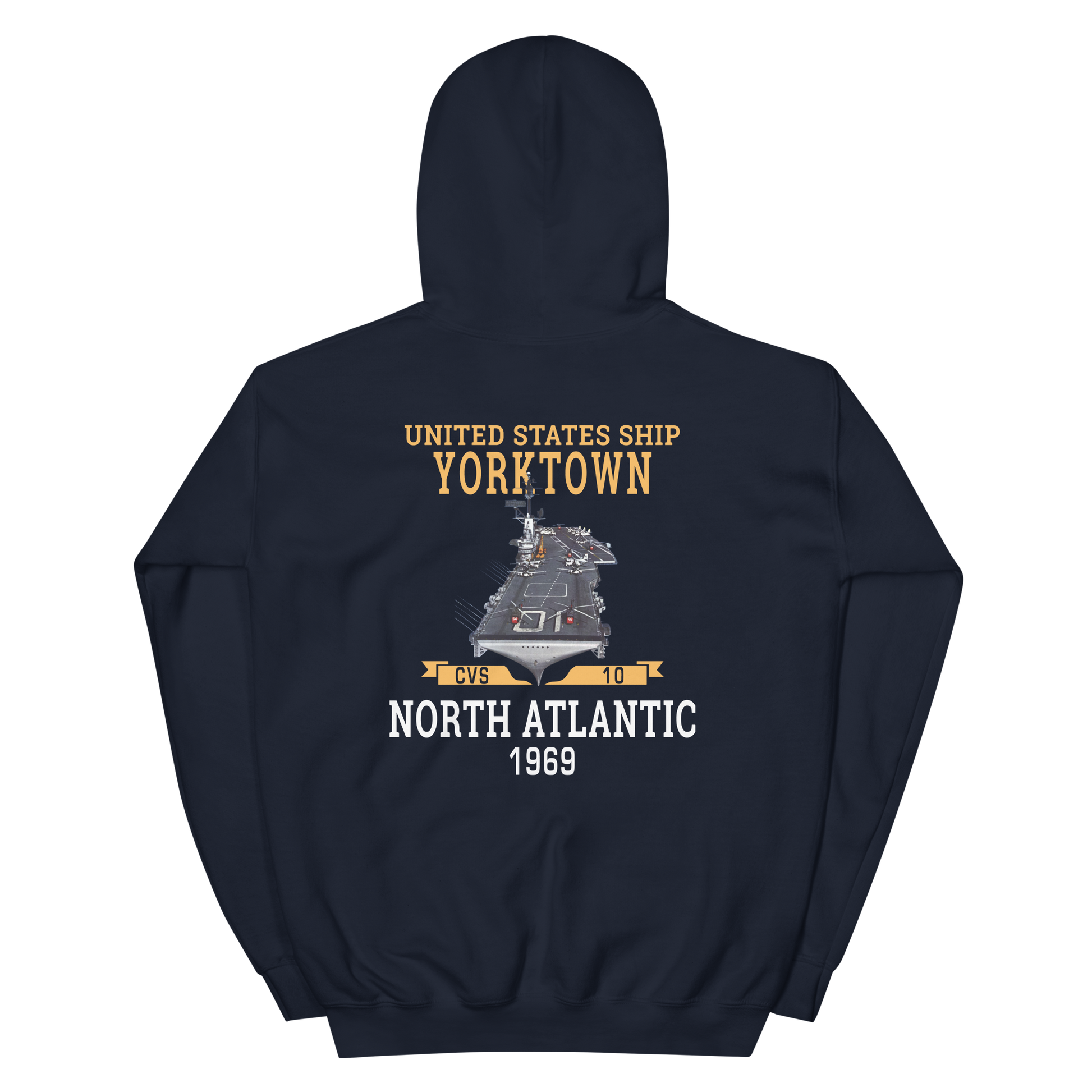 USS Yorktown (CVS-10) 1969 NORTH ATLANTIC Unisex Hoodie – back view, navy