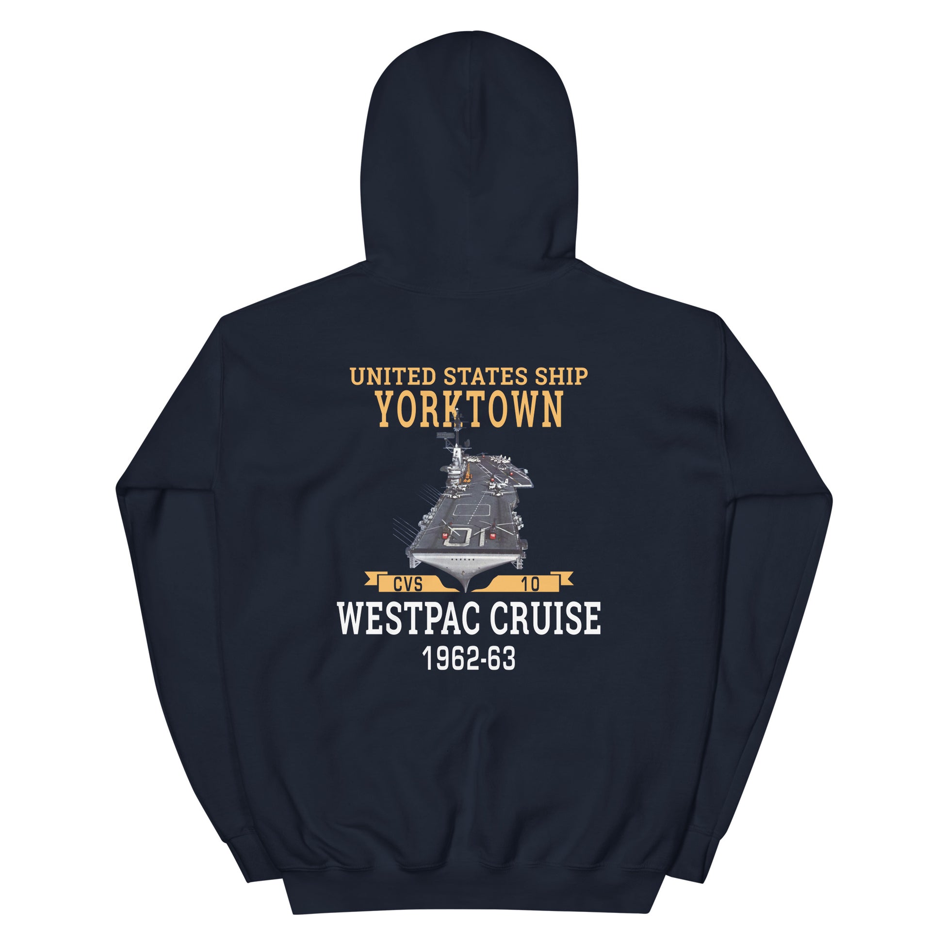 USS Yorktown (CVS-10) 1962-63 WESTPAC Unisex Hoodie – back view, navy