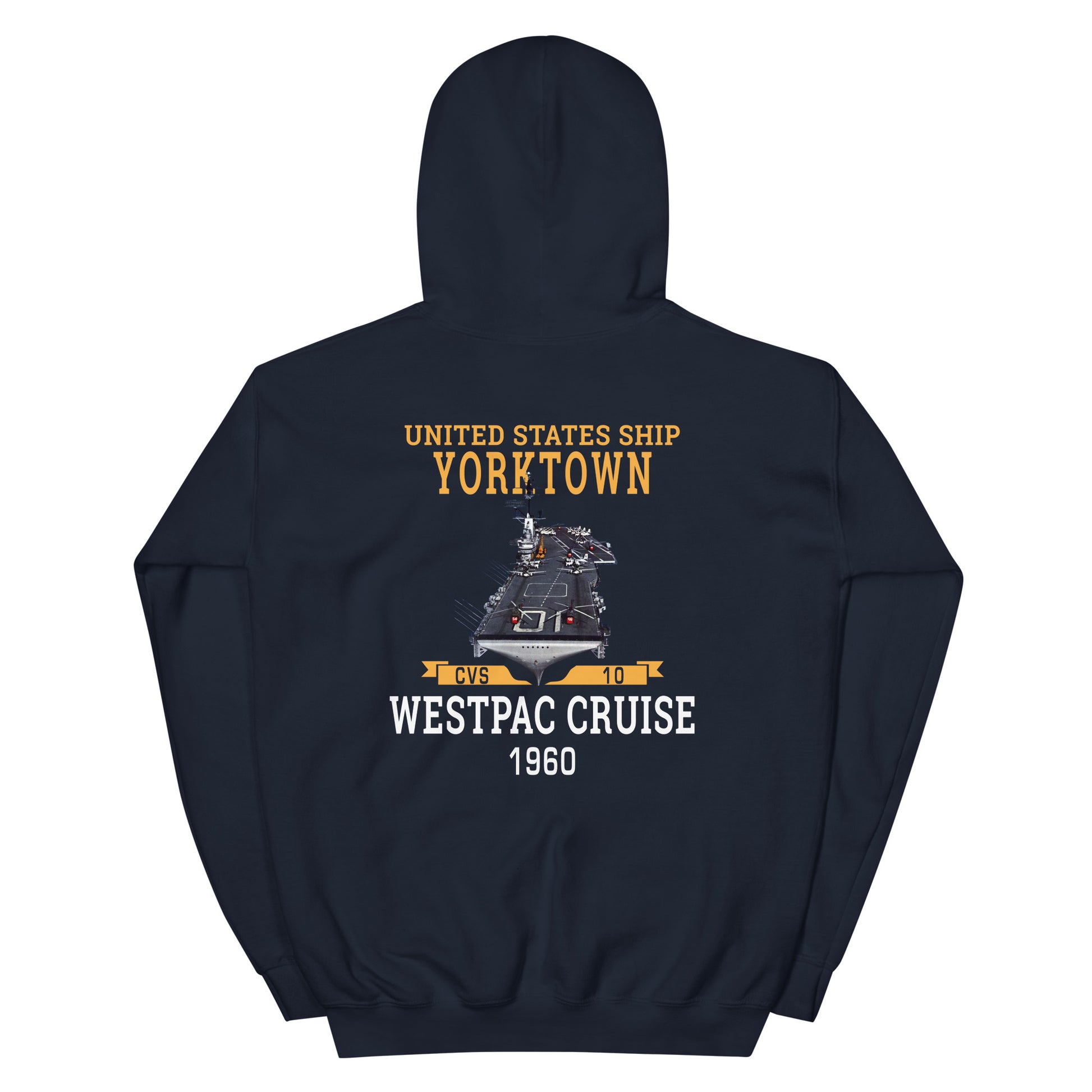 USS Yorktown (CVS-10) 1960 WESTPAC Unisex Hoodie – back view, navy
