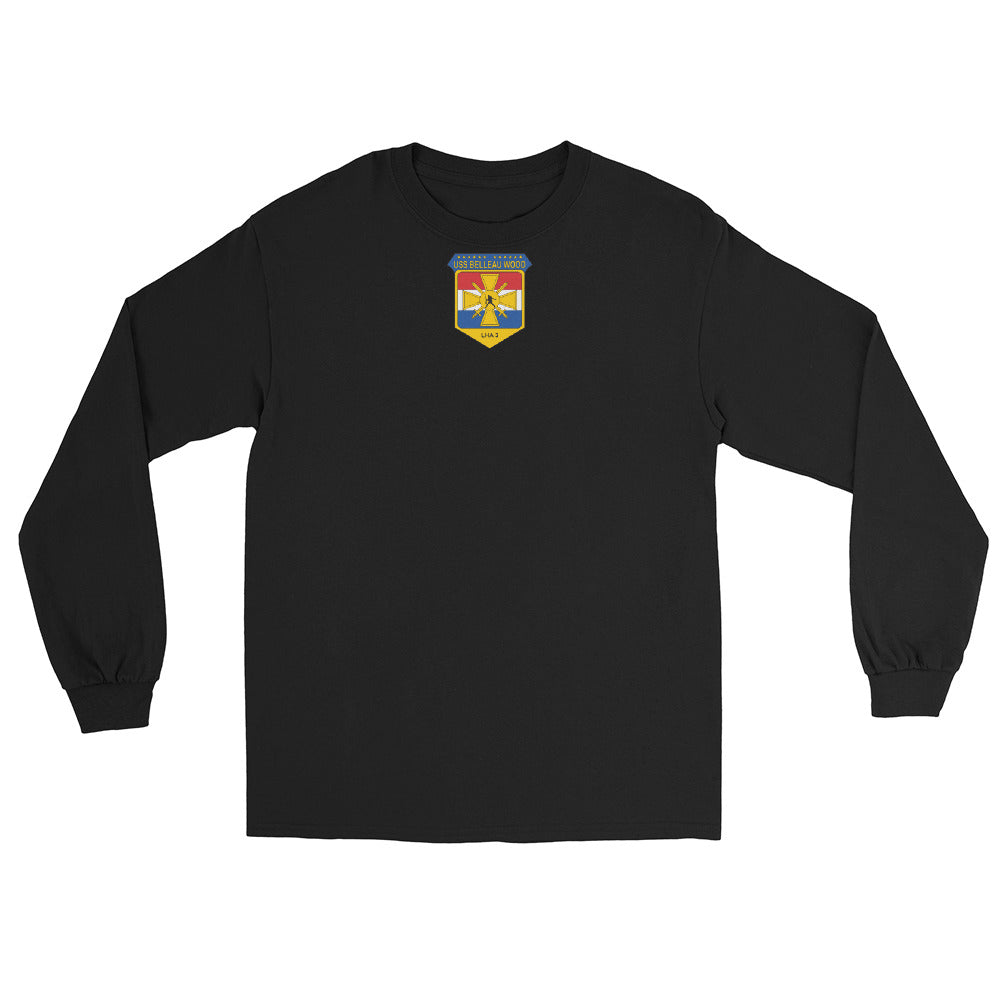 USS Belleau Wood (LHA-3) Ship's Crest Long Sleeve Shirt – front view, black