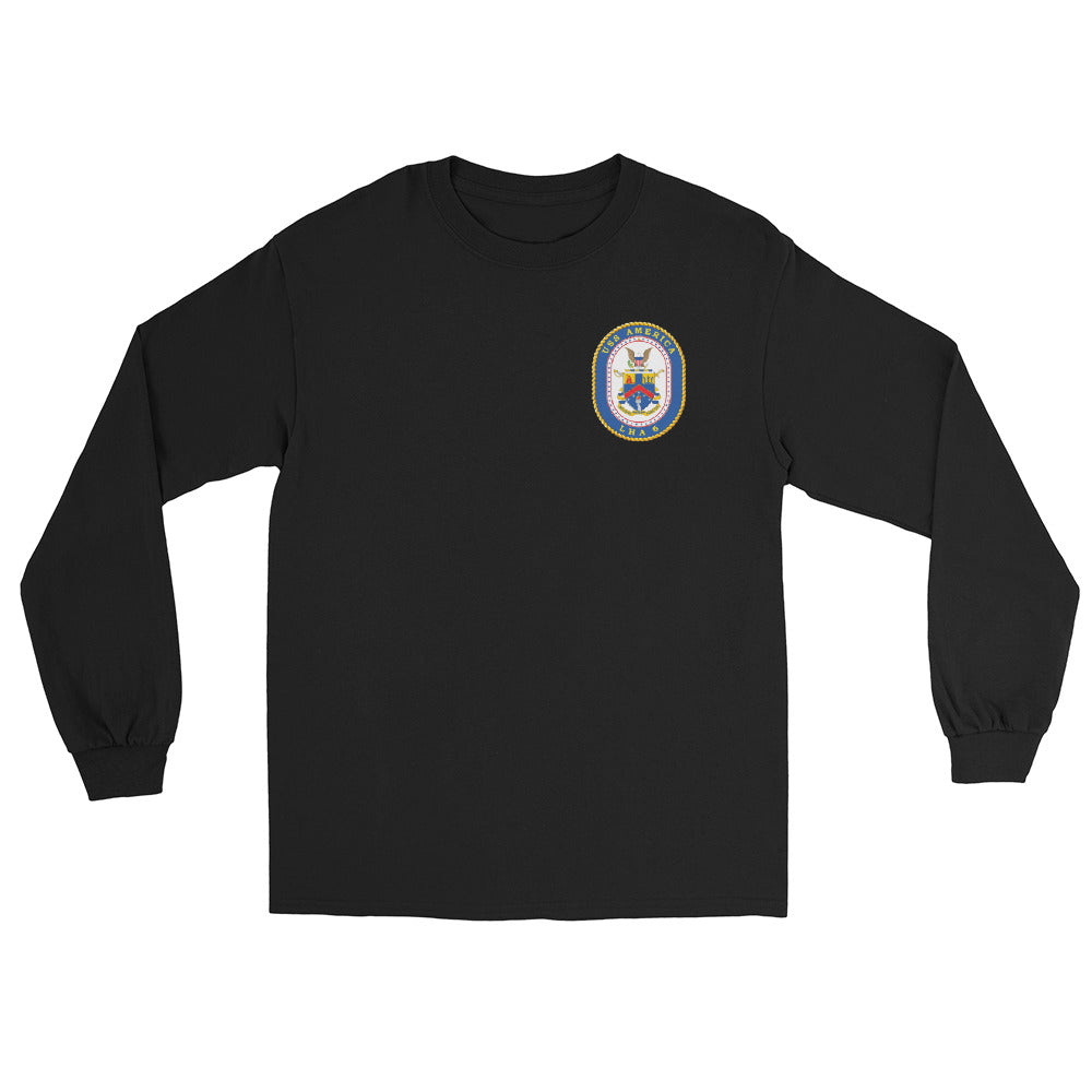 USS America (LHA-6) Ship's Crest Long Sleeve Shirt – front view, black