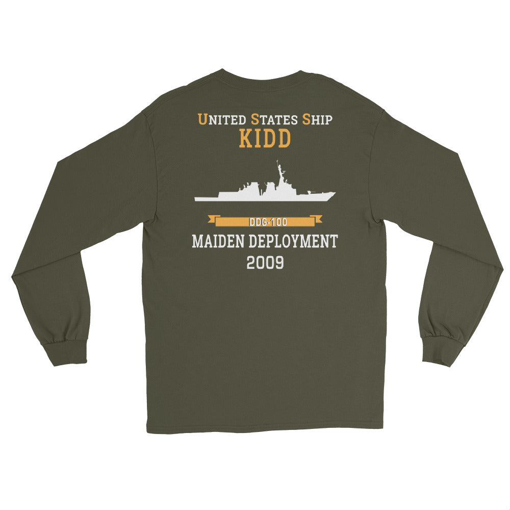 USS Kidd (DDG-100) 2009 MAIDEN DEPLOYMENT Long Sleeve T-Shirt – back view, military green