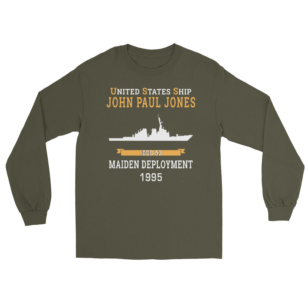 USS John Paul Jones (DDG-53) 1995 MAIDEN DEPLOYMENT Long Sleeve T-Shirt – front view, military green