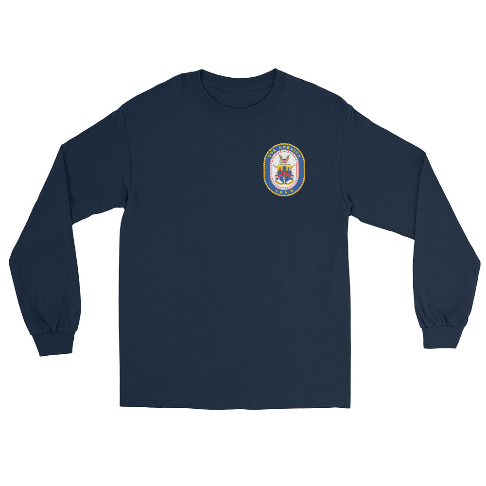 USS America (LHA-6) Ship's Crest Long Sleeve Shirt – front view, navy
