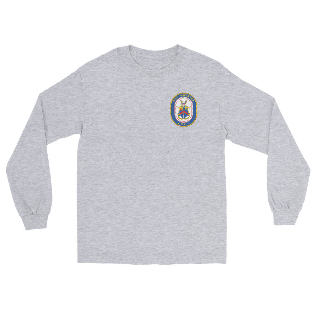 USS America (LHA-6) Ship's Crest Long Sleeve Shirt – front view, grey