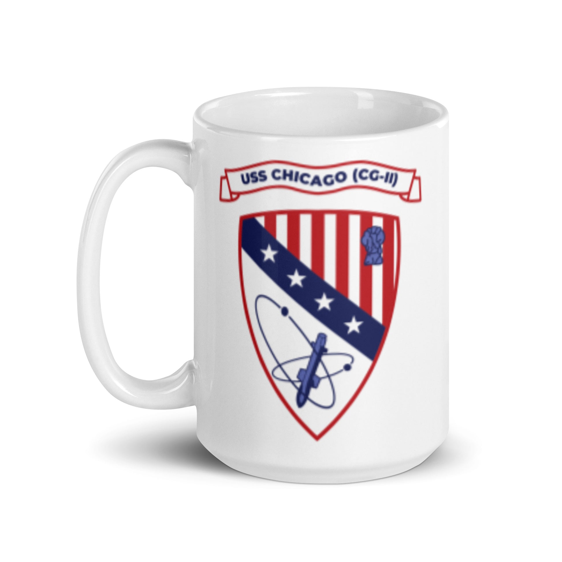 USS Chicago (CG-11) Ship's Crest Mug - Blue – left view, white, 15oz