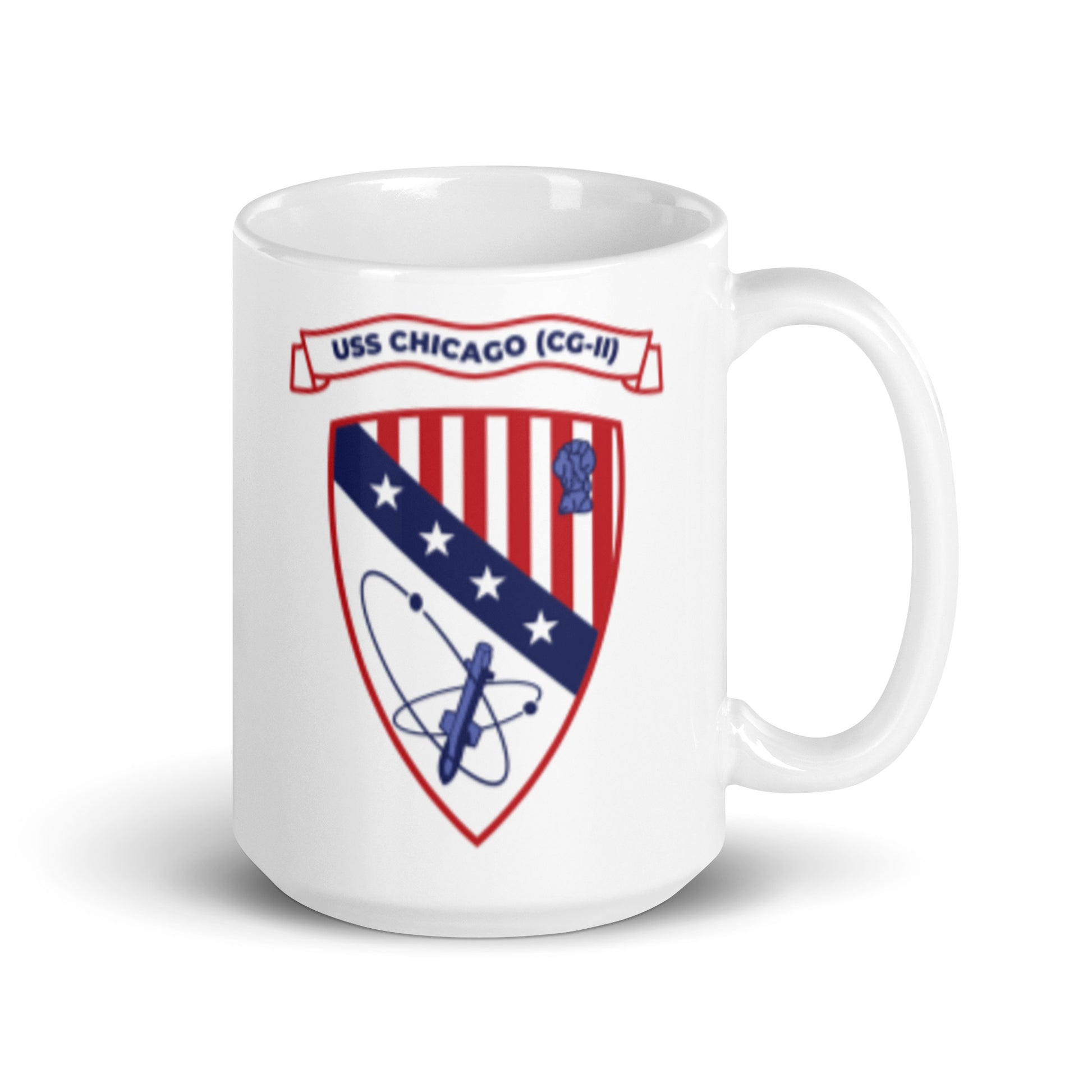USS Chicago (CG-11) Ship's Crest Mug - Blue – right view, white, 15oz