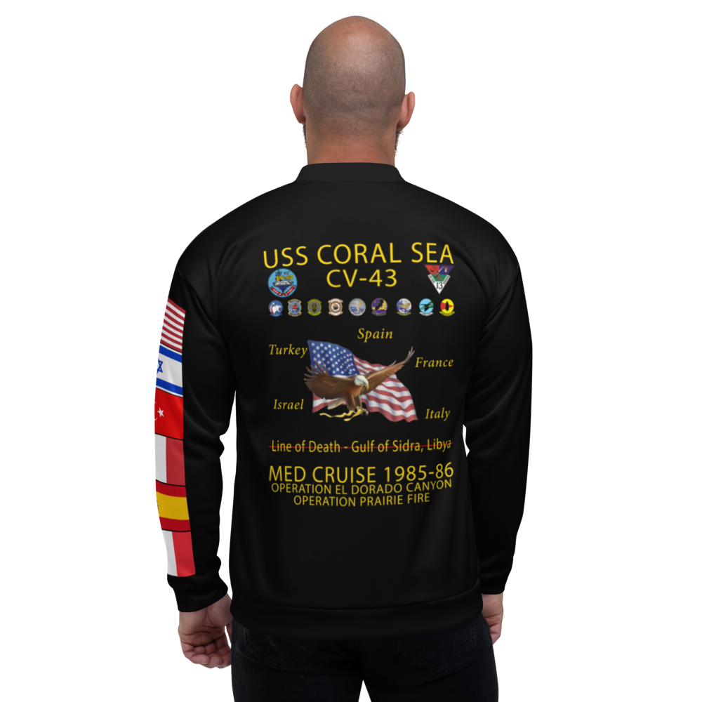 USS Coral Sea (CV-43) 1985-86 FR Cruise Jacket - Black – back view, white