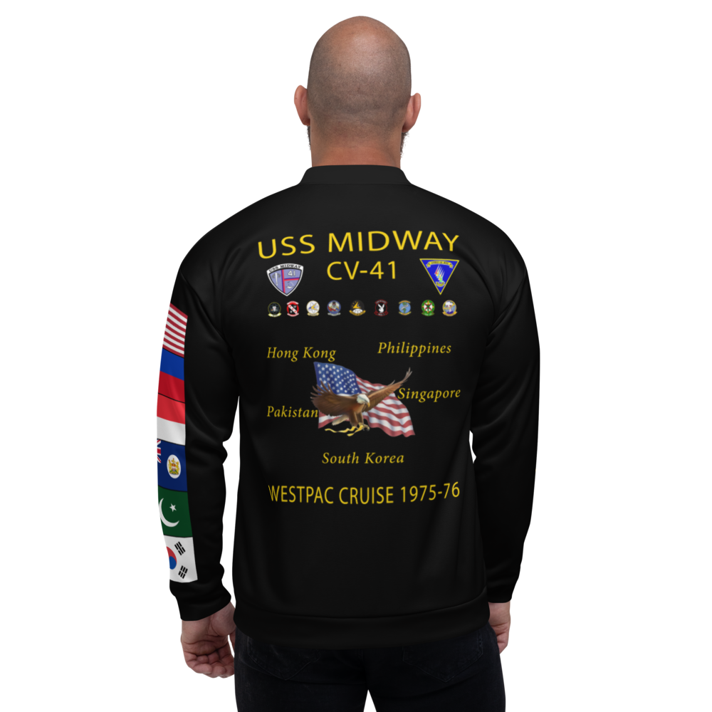 USS Midway (CV-41) 1975-76 FP Cruise Jacket - Black – back view, white