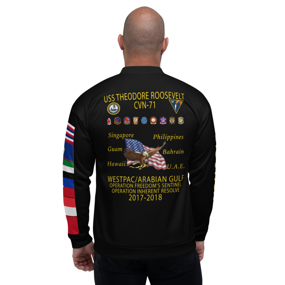 USS Theodore Roosevelt (CVN-71) 2017-18 FP Cruise Jacket - Black – back view, white