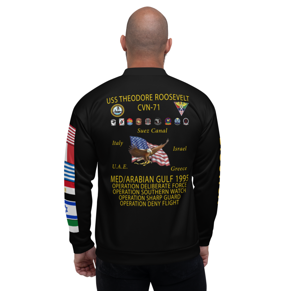 USS Theodore Roosevelt (CVN-71) 1995 FP Cruise Jacket - Black – back view, white