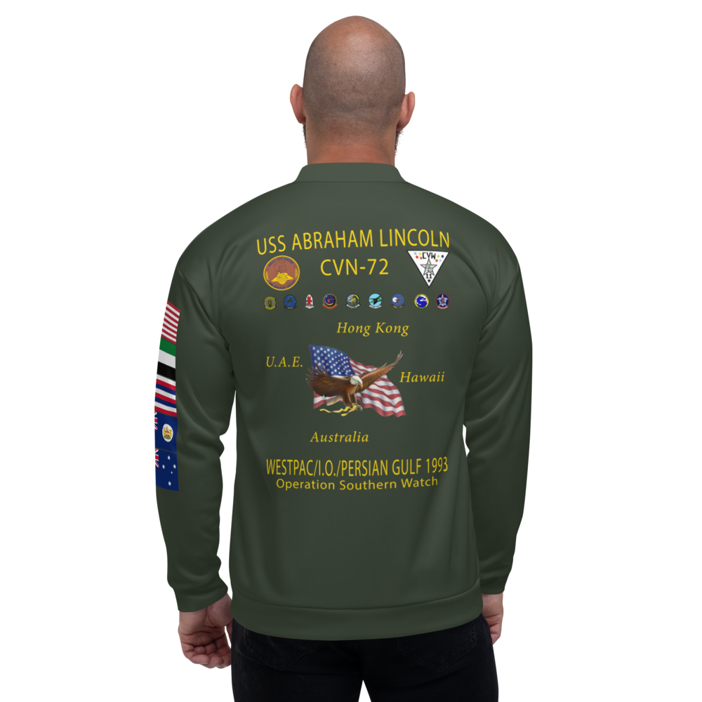 USS Abraham Lincoln (CVN-72) 1993 FP Cruise Jacket - Green – back view, white
