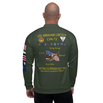 USS Abraham Lincoln (CVN-72) 1993 FP Cruise Jacket - Green – back view, white