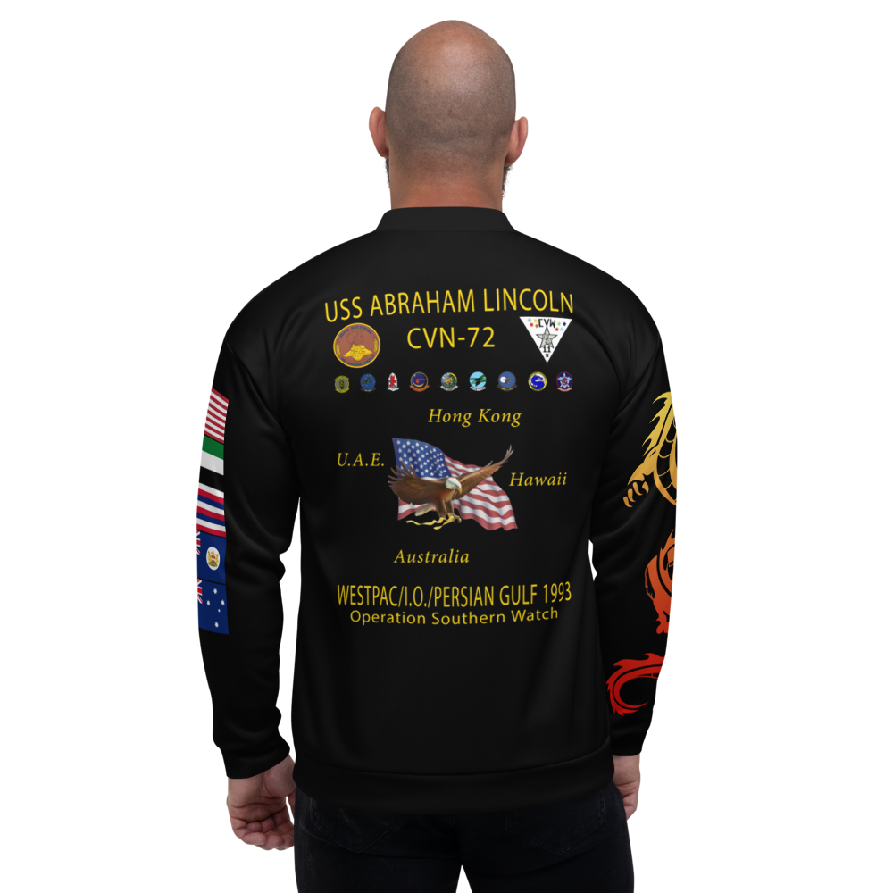USS Abraham Lincoln (CVN-72) 1993 FP Cruise Jacket - WESTPAC Dragon – back view, white