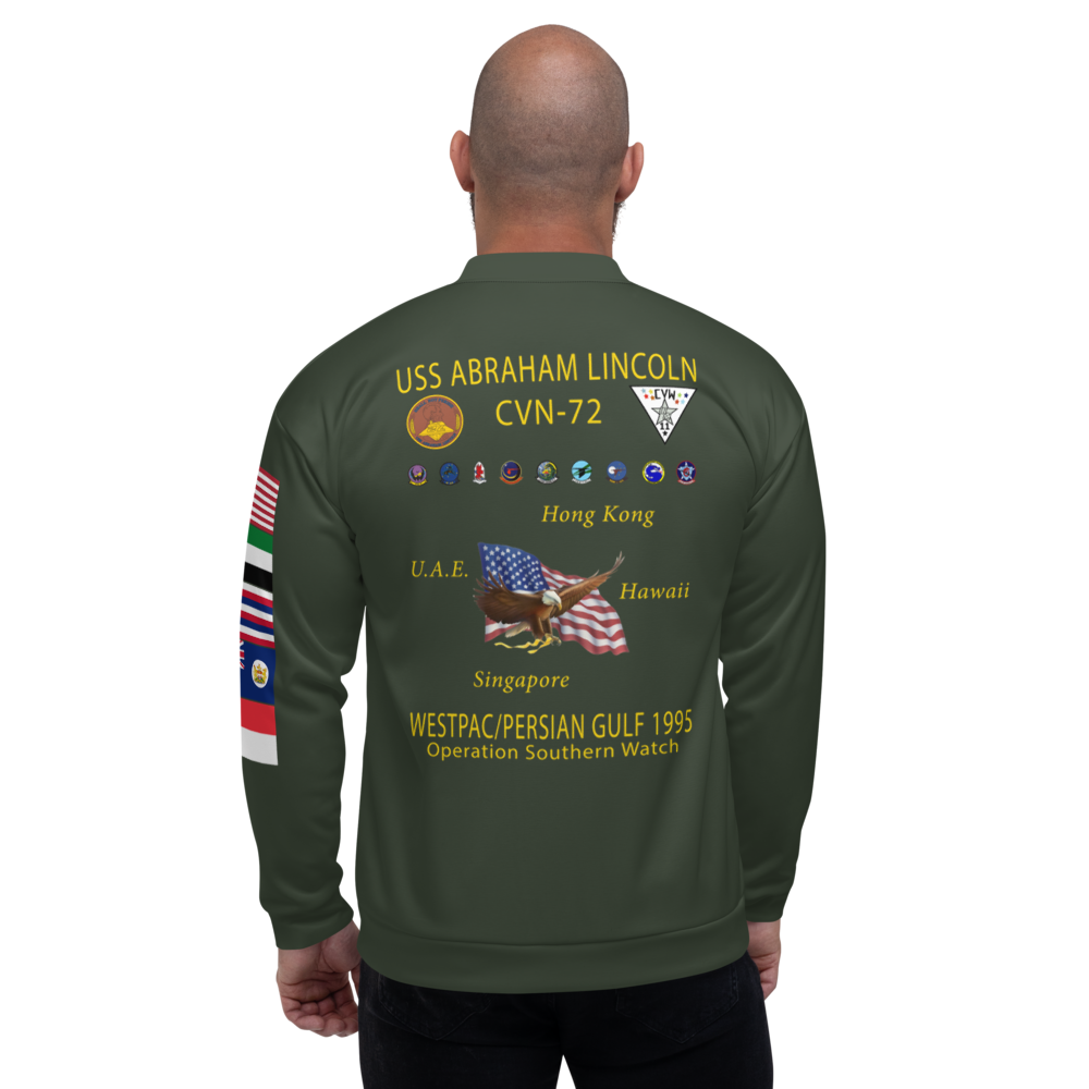 USS Abraham Lincoln (CVN-72) 1995 FP Cruise Jacket - Green – back view, white