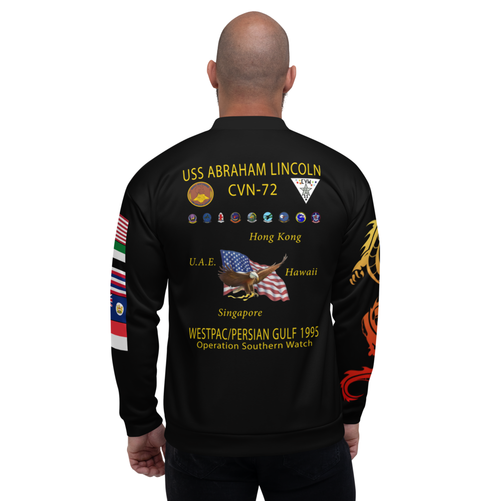 USS Abraham Lincoln (CVN-72) 1995 FP Cruise Jacket - WESTPAC Dragon – back view, white