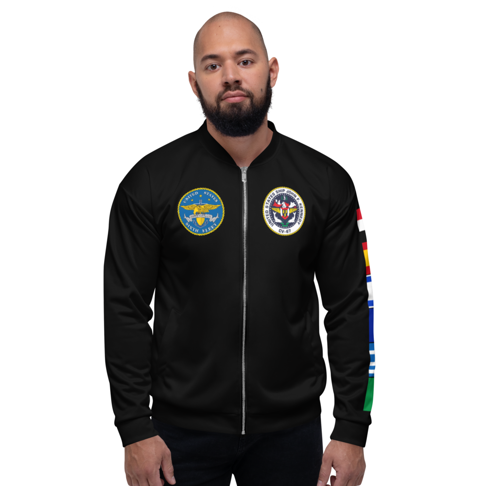 USS John F. Kennedy (CV-67) 1980-81 FP Cruise Jacket - Black – front view, white