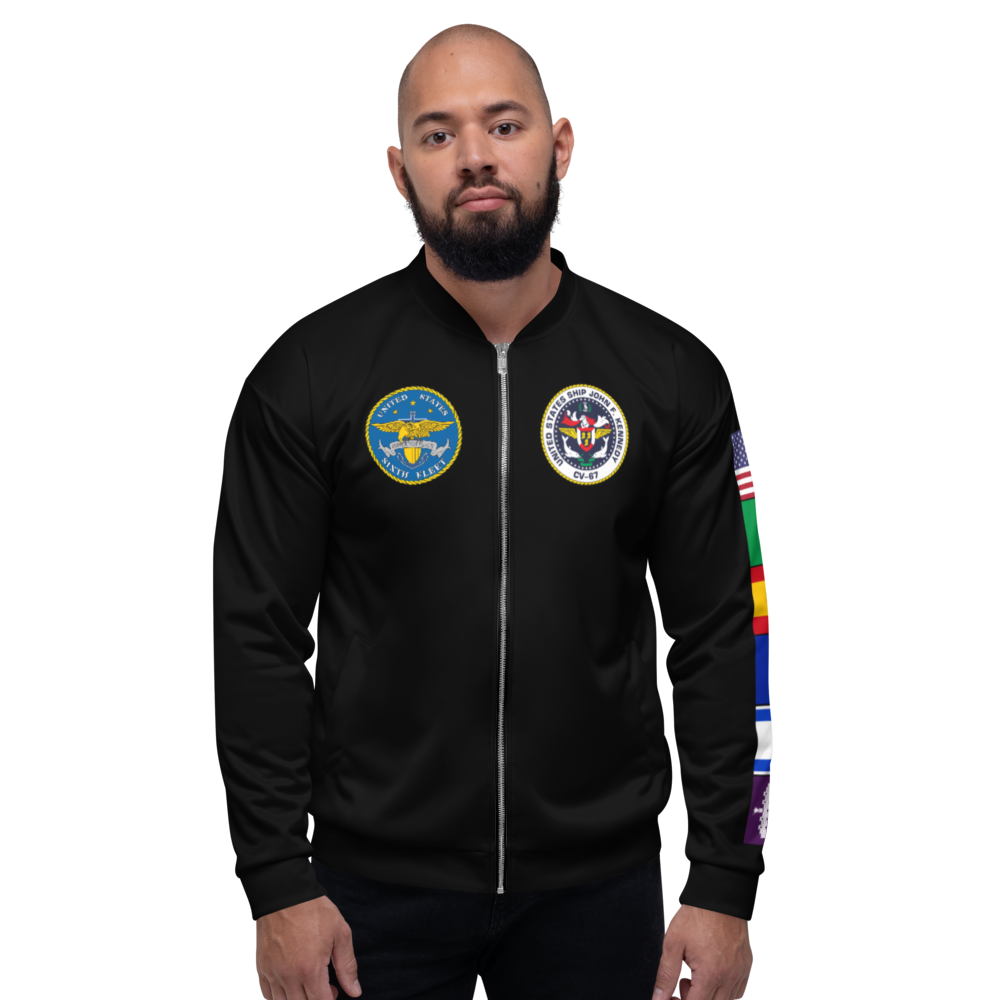 USS John F. Kennedy (CV-67) 1986-87 FP Cruise Jacket - Black – front view, white