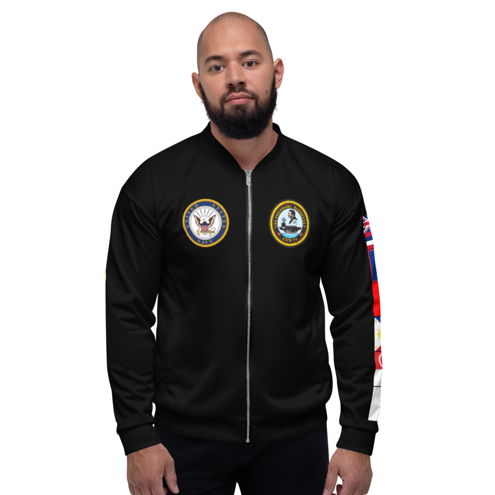 USS Theodore Roosevelt (CVN-71) 2017-18 FP Cruise Jacket - Black – front view, white