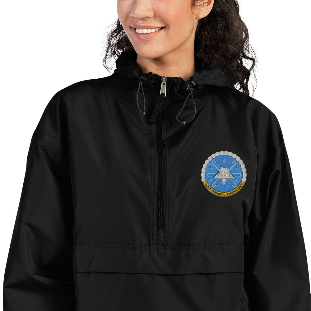 USS Dwight D. Eisenhower (CVN-69) Embroidered Champion Packable Jacket - Ship's Crest – black