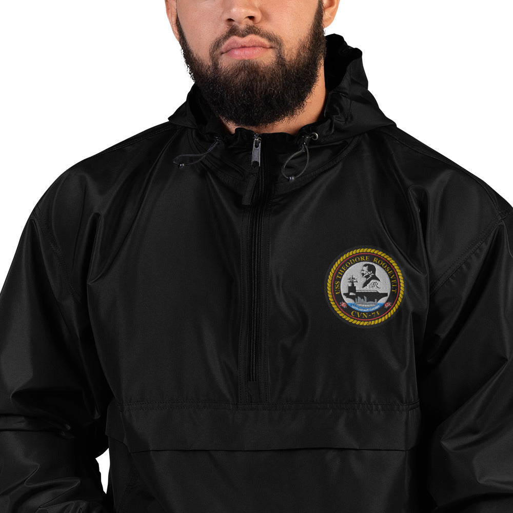 USS Theodore Roosevelt (CVN-71) Embroidered Champion Packable Jacket - Ship's Crest – black