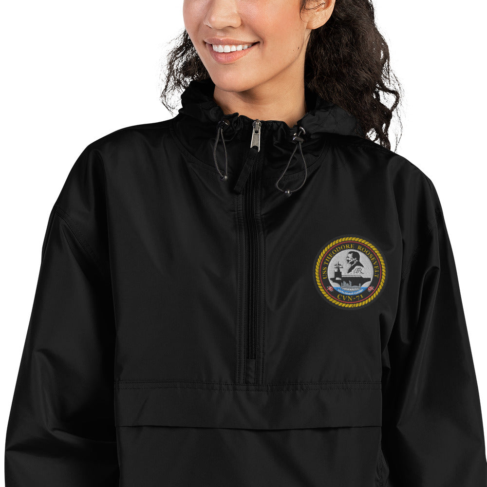 USS Theodore Roosevelt (CVN-71) Embroidered Champion Packable Jacket - Ship's Crest – black