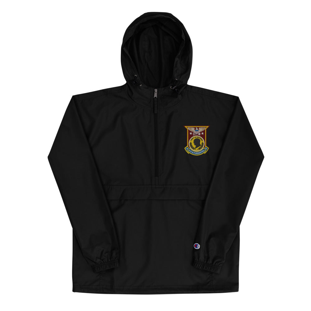 USS Forrestal (CVA/CV-59) Embroidered Champion Packable Jacket - Ship's Crest – black