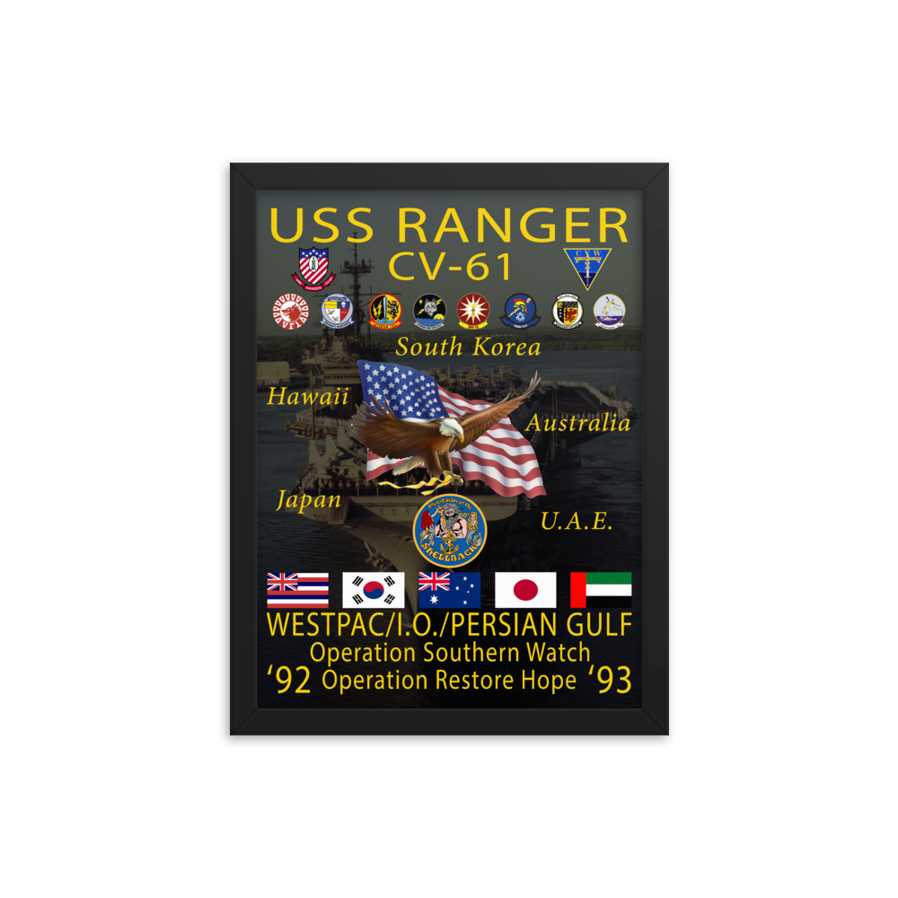 USS Ranger (CV-61) 1992-93 Framed Cruise Poster – black, 12x16