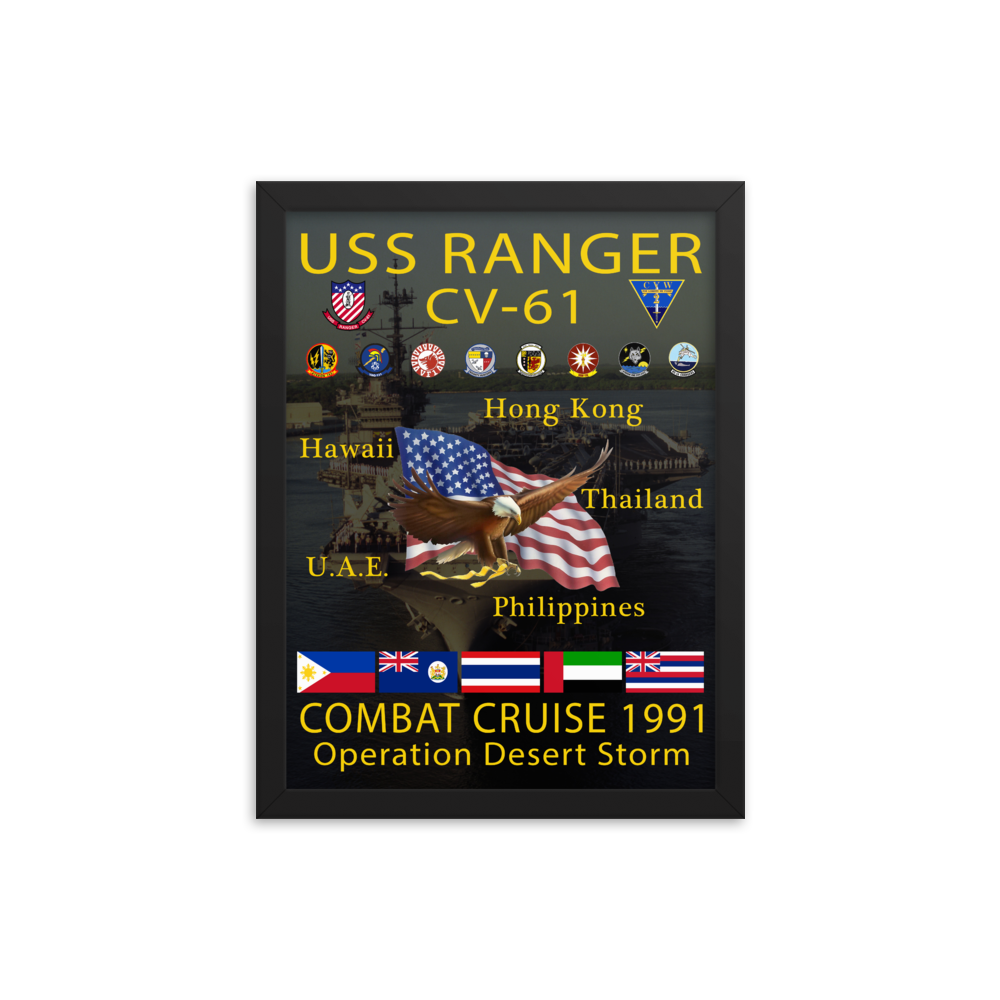 USS Ranger (CV-61) 1991 Framed Cruise Poster – black, 12x16
