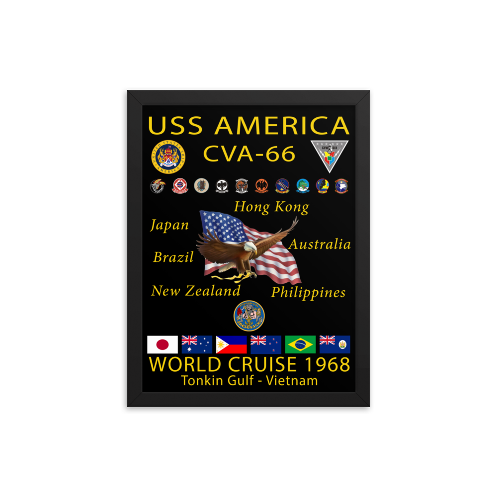 USS America (CVA-66) 1968 Framed Cruise Poster – black, 12x16