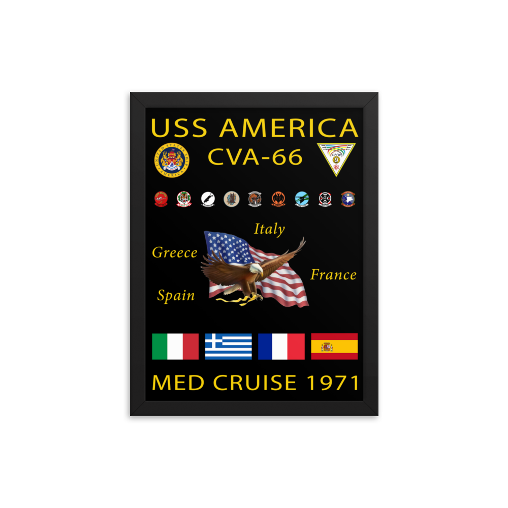 USS America (CVA-66) 1971 Framed Cruise Poster – black, 12x16