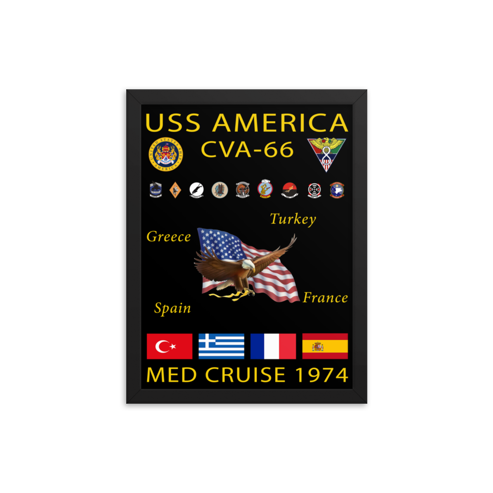 USS America (CVA-66) 1974 Framed Cruise Poster – black, 12x16